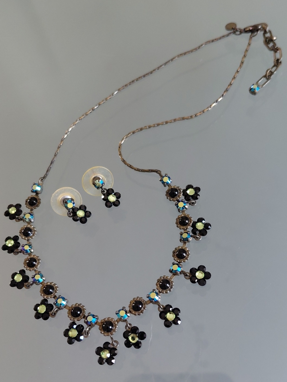 Vintage Butler & Wilson Black & AB Crystal Flower Necklace Earring Set